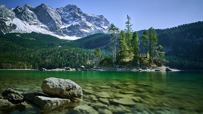 Eibsee Lake and Mount Zugspitze, Bavaria, rocks, trees, bavaria, alps, water, mountains, stones, HD wallpaper