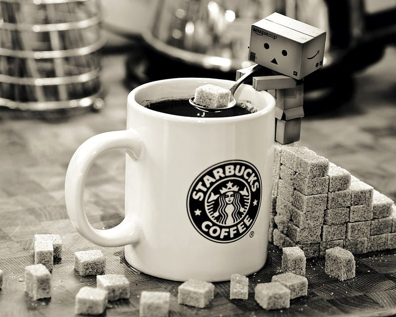 GOOD MORNING, starbucks, graphy, coffee, bw, sugar, danbo, HD wallpaper