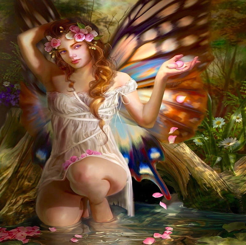 Beauty in fairyland, pretty, colorful, bonito, fantasy, splendor, love, painting, color, flowers, beauty, dream, fairy, harmony, art, forest, wings, lovely, elf, angel, peaceful, nature, wishes, HD wallpaper