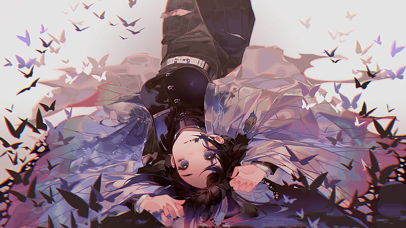 Demon Slayer Shinobu Kochou Upside Down With Butterflies With Gray Background Anime, HD wallpaper