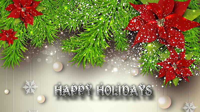 HAPPY HOLIDAYS, Christmas, Feliz Navidad, winter, pine, snow, snowflakes, flowers, fir, poinsettia, spruce, HD wallpaper