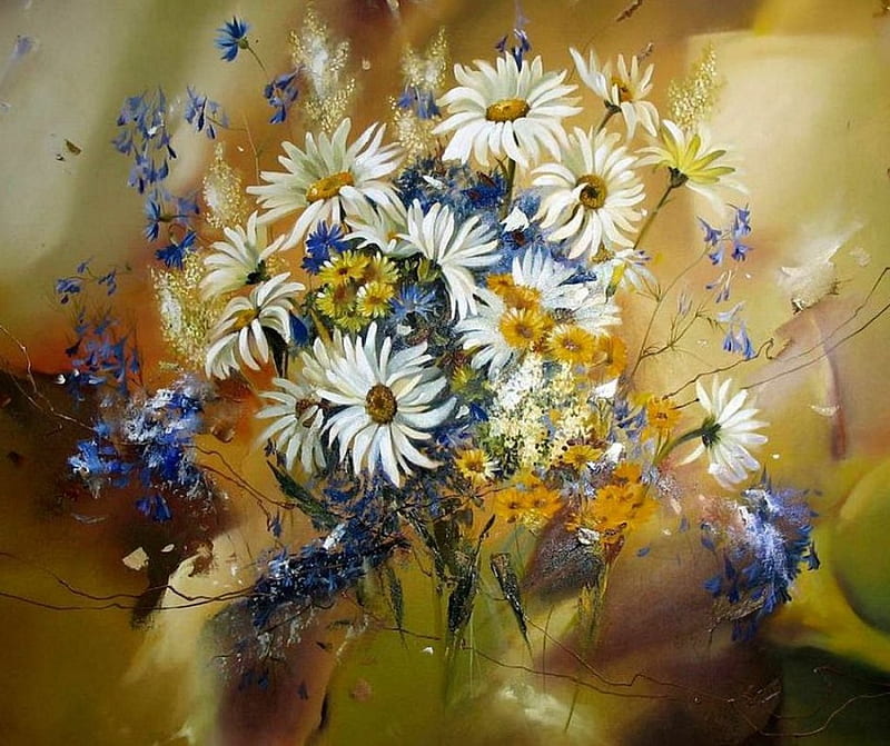 Bouquet of Flowers, cornflowers, daisies, painting, vase, white, artwork, blue, HD wallpaper