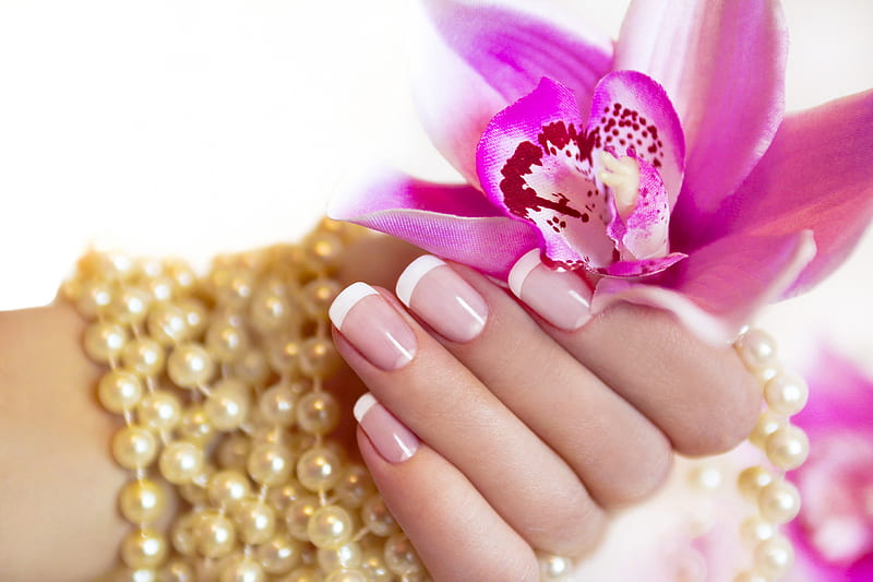 Pearls and orchid, nails, woman, pearl, orchid, hand, flower, jewel, stuff, pink, HD wallpaper Pearls and orchid, nails, woman, pearl, orchid, hand, flower, jewel, stuff, pink, HD wallpaper