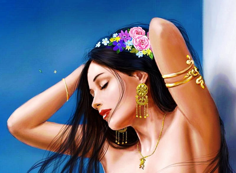 Creole Beauty, art, lovely, bonito, woman, jewelry, fantasy, girl, digital, flowers in hair, HD wallpaper