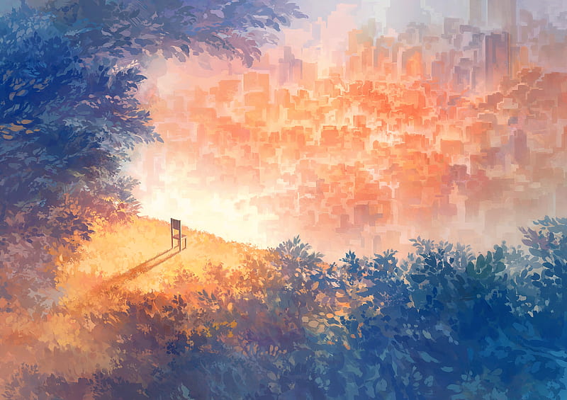 anime forest, city, chair, two dimensions, scenic, skyscrapers, Anime, HD wallpaper