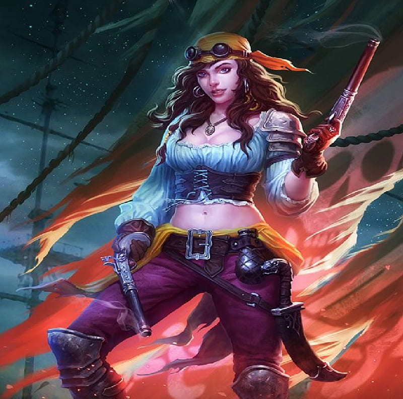 Female Pirate, guns, skull and cross bones, woman, flag, HD wallpaper