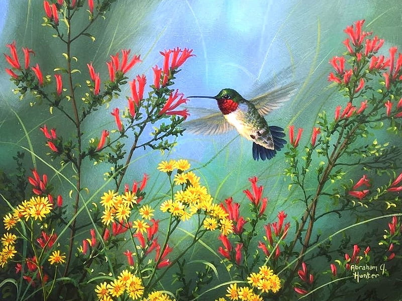 Prairie Ruby-Throat, wild flowers, love four seasons, birds, spring, attractions in dreams, hummingbird, paintings, nature, animals, HD wallpaper