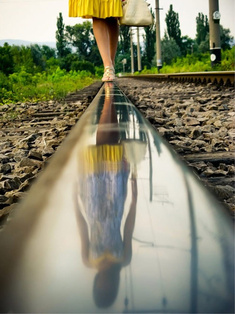 railroad track, metal, reflection, legs, women, women outdoors, HD phone wallpaper