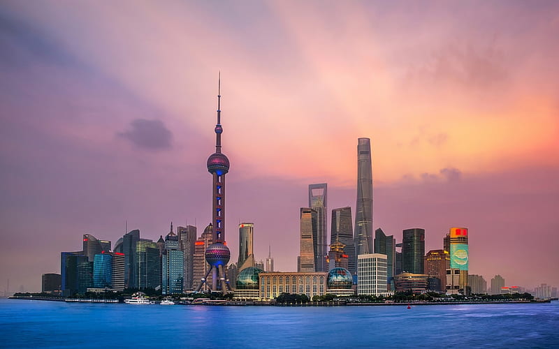 Shanghai, sunset, evening, Oriental Pearl Tower, Shanghai World Financial Center, Shanghai Tower, skyscrapers, China, HD wallpaper