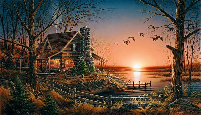 Comforts of Home, painting, ducks, river, sunset, cabin, artwork, HD wallpaper