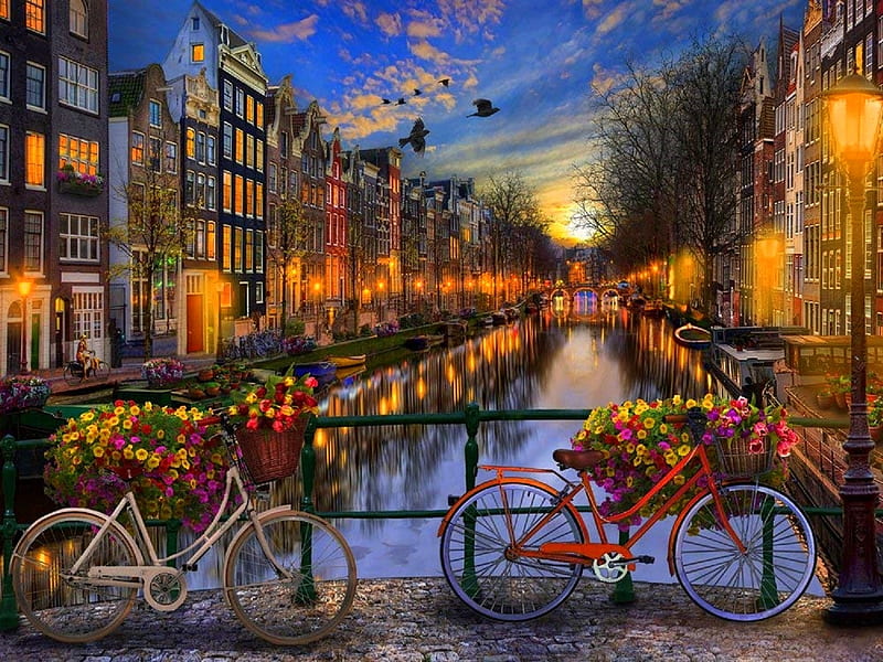 Amsterdam Aglow, summer, flowers, places, bikes, nature, houses, bridges, buildings, love four seasons, attractions in dreams, canals, paintings, HD wallpaper
