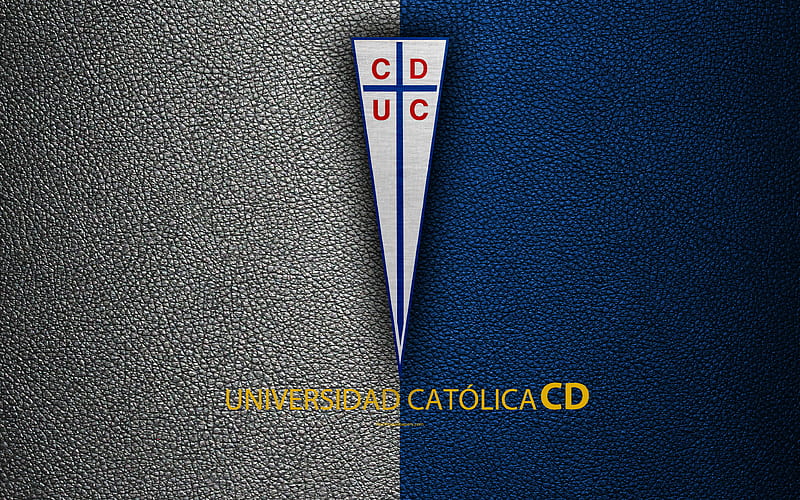 CD Universidad Catolica logo, blue leather texture, Chilean football club, emblem, Primera Division, white blue lines, Santiago, Chile, football, HD wallpaper