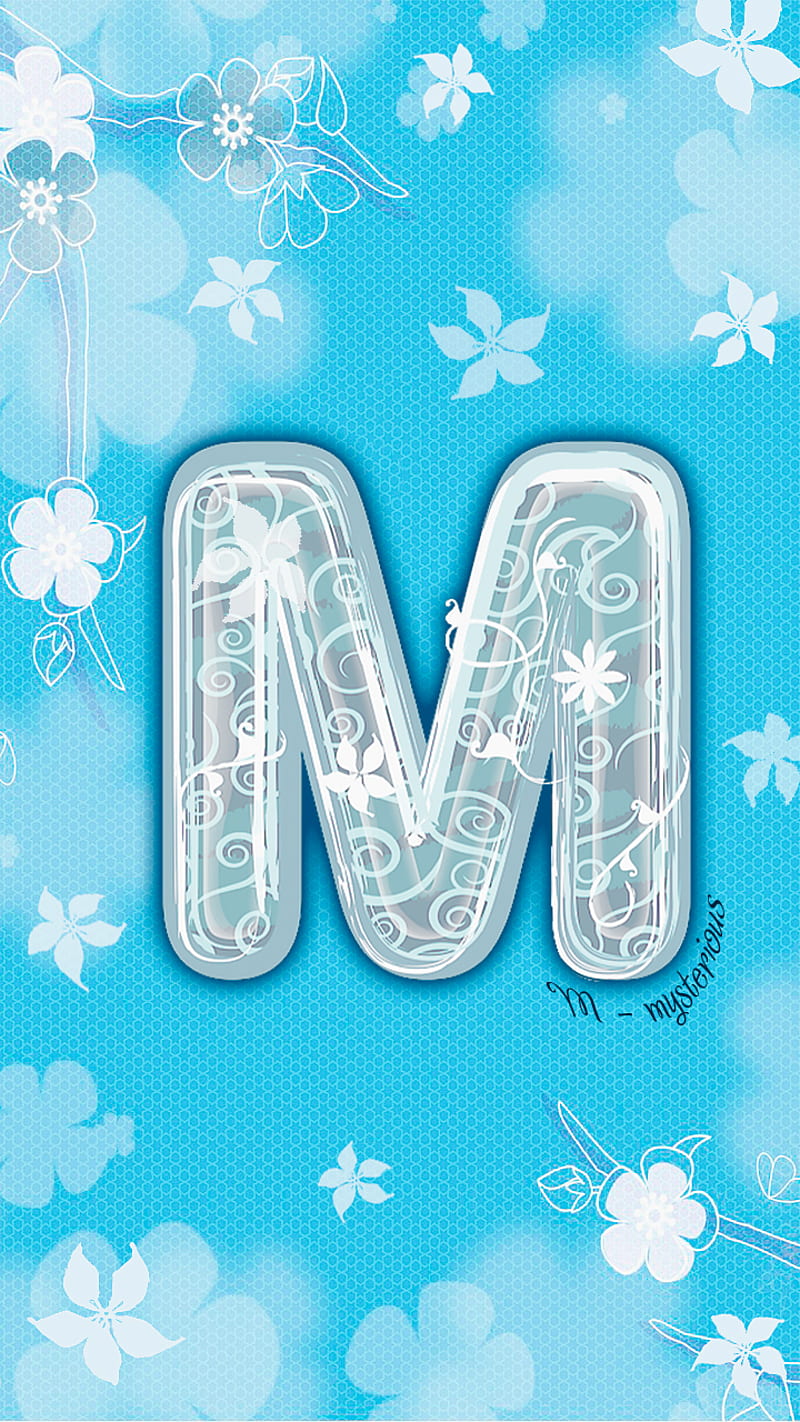 letter M blue floral, alphabet, flowers, says, sign, spring, text, HD phone wallpaper