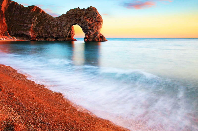 Arch at the Beach, water, colors, cliff, sunset, sky, sea, HD wallpaper