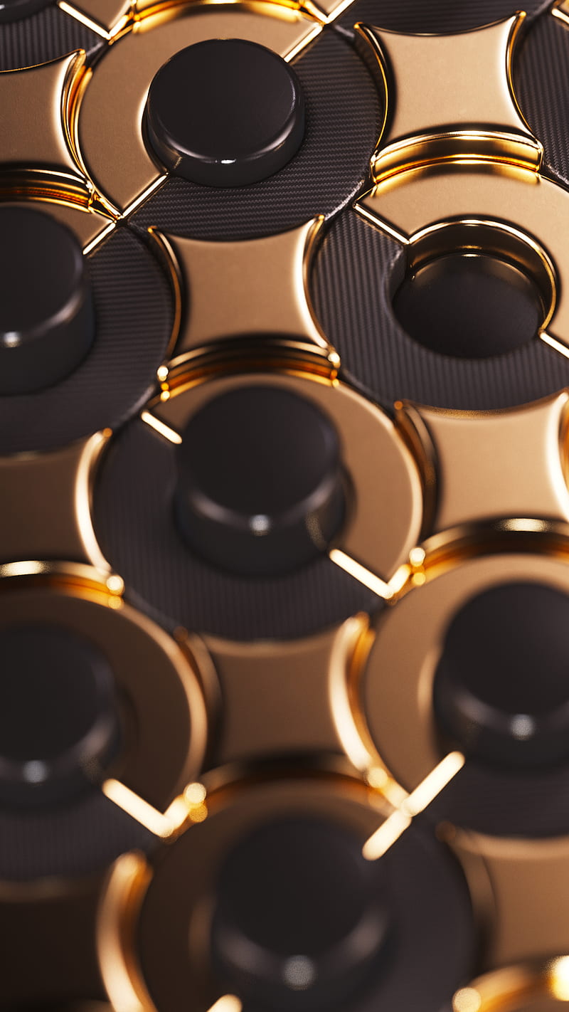Gold Rings / Detail, 3d, Perry, abstract, artart, black, buttons, carbon, cgi, dark, isometric, la maquina, metal, random, render, rotate, steampunk, HD phone wallpaper
