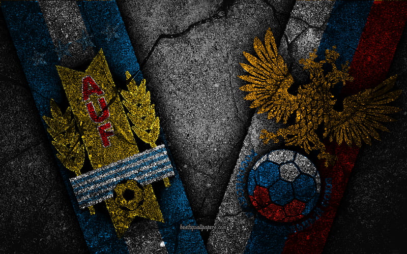 Uruguay vs Russia FIFA World Cup 2018, Group A, logo, Russia 2018, Soccer World Cup, Uruguay football team, Russia football team, black stone, HD wallpaper