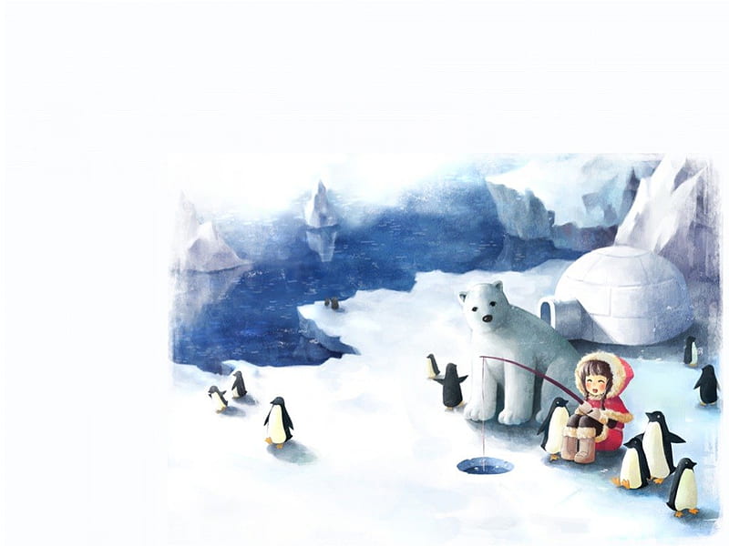 WinterLand, pretty, penguin, bear, adorable, animal, sweet, nice, igloo, anime, anime girl, polar bear, fishing, female, lovely, winter, plain, cute, kawaii, girl, snow, simple, white, HD wallpaper