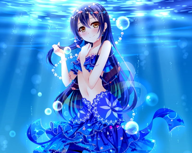 Blue Water, pretty, wet, bonito, adorable, longh air, sweet, bueayt, nice, anime, drss, hot, anime girl, blue, underwater, bubble, female, lovely, gown, sexy, plain, cute, kawaii, water, girl, blue hair, simple, aqua hair, HD wallpaper