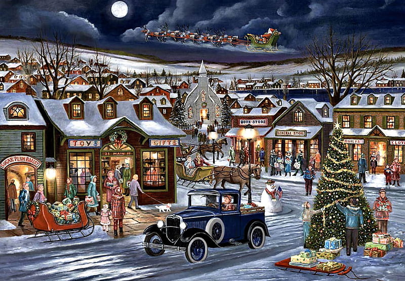 Christmas Village F5mp, Christmas, art, holiday, cityscape, December, Santa, illustration, artwork, winter, snow, painting, wide screen, village, occasion, scenery, HD wallpaper