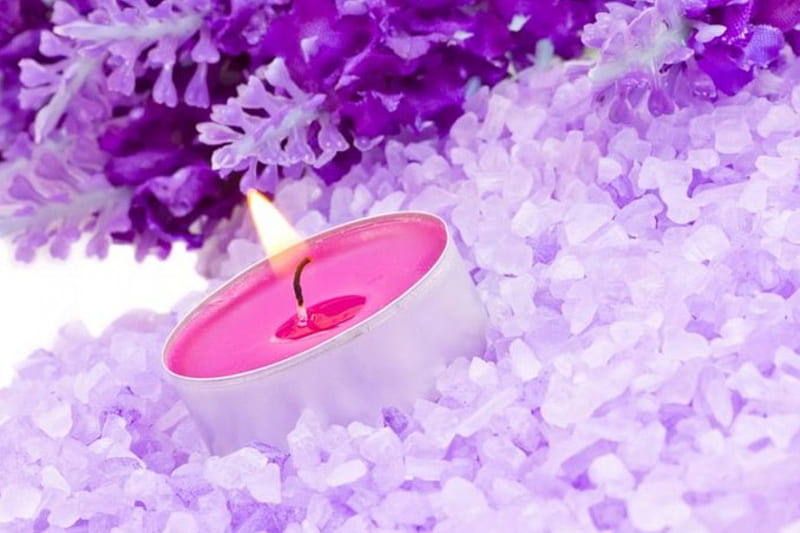 Spa, candle, purple relaxing color, lavander flowers, elements, bath salts, HD wallpaper