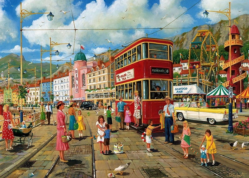 Tram Coming, houses, town, artwork, carros, people, painting, ferris wheel, funfair, street, HD wallpaper