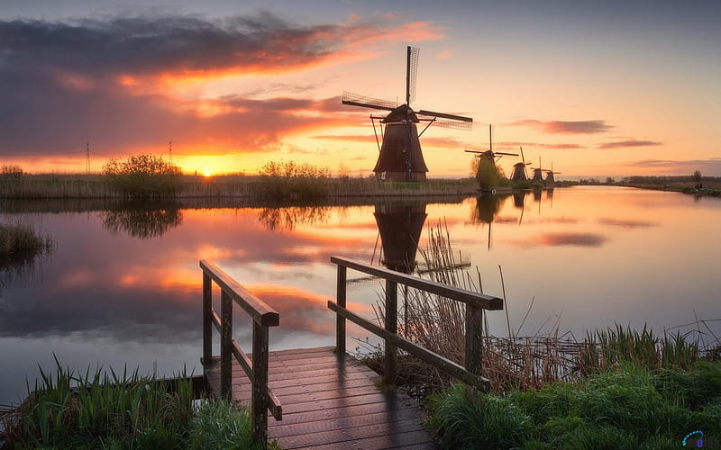 Windmills at Sunset, sunset, evening, windmills, canal, HD wallpaper ...