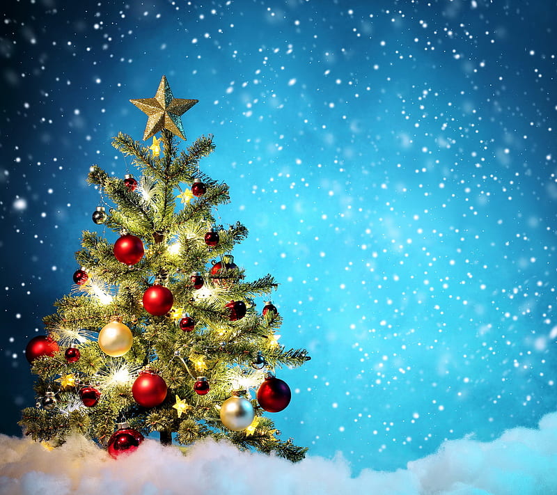 Christmas Tree, decoration, eve, merry, night, snow, winter, HD wallpaper