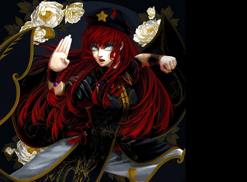Hong MeiLing, redhead, evil, horror, meiling, angry, floral, creepy, blossom, ot, anime, darkness, touhou, hot, anime girl, long hair, fighting, female, black, mad, red hair, sexy, warrior, girl, oriental, dark, flower, fight, chinese, sinister, HD wallpaper