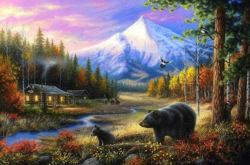 Routine Visitors, love four seasons, attractions in dreams, paintings, mountains, landscapes, summer, nature, bears, cabins, streams, animals, HD wallpaper