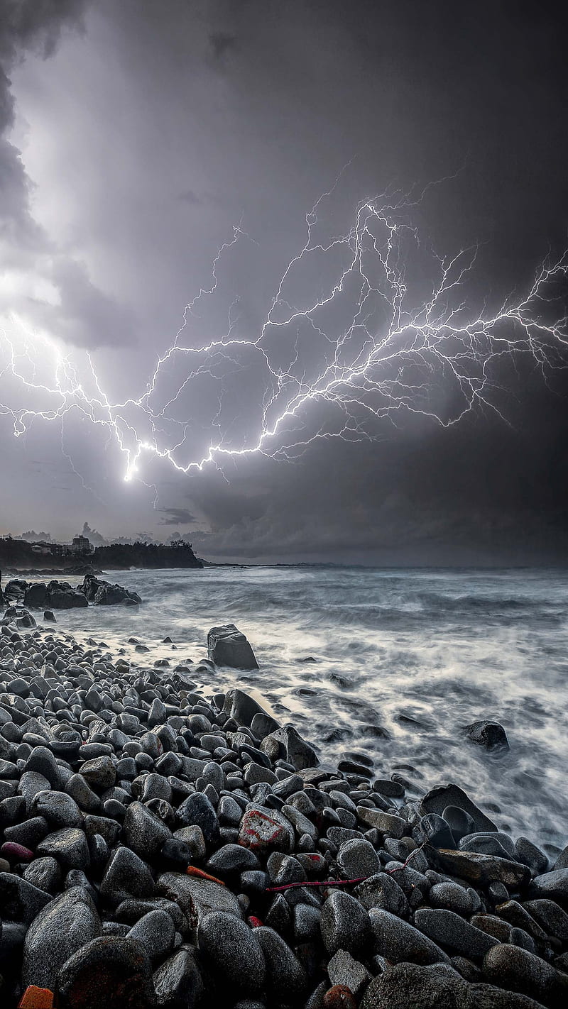 Storm, nature, ocean, stones, thunder, waves, HD phone wallpaper
