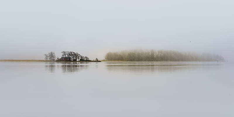 finland, helsinki, lonely house, lake, fog, plants, Landscape, HD wallpaper