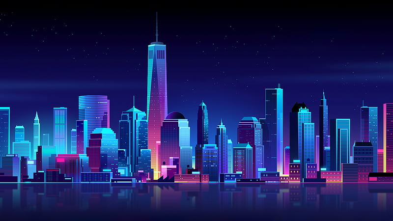 New York Buildings City Night Minimalism, new-york, city, minimalism, lights, skycrapper, HD wallpaper