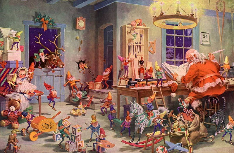 Santa Getting Ready, santa, christmas, elves, cats, toys, HD wallpaper