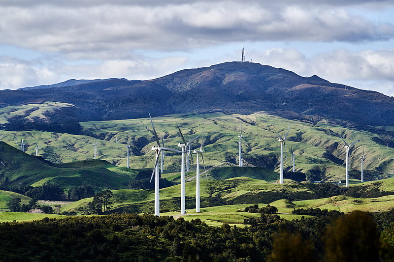 wind turbine, hills, landform, grasses, HD wallpaper