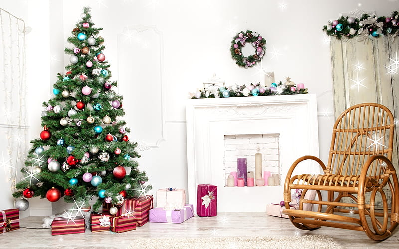 Christmas tree, Christmas, New Year, fireplace, Christmas interior, HD wallpaper