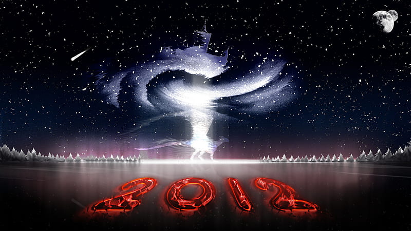 2012, cg, year, lights, fantasy, moon, night, stars, new year, happy new year, sky, abstract, happy, cool, snow, ice, new, white, HD wallpaper