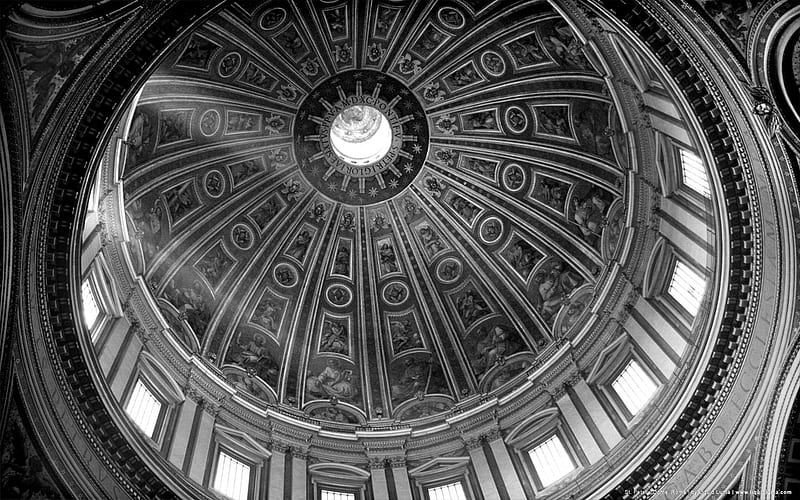 St Peters Dome, Rome Italy, architecture, cathedral, stained glass, travel, religious, black and white, dome, rome, st peters, graphy, international, italy, HD wallpaper