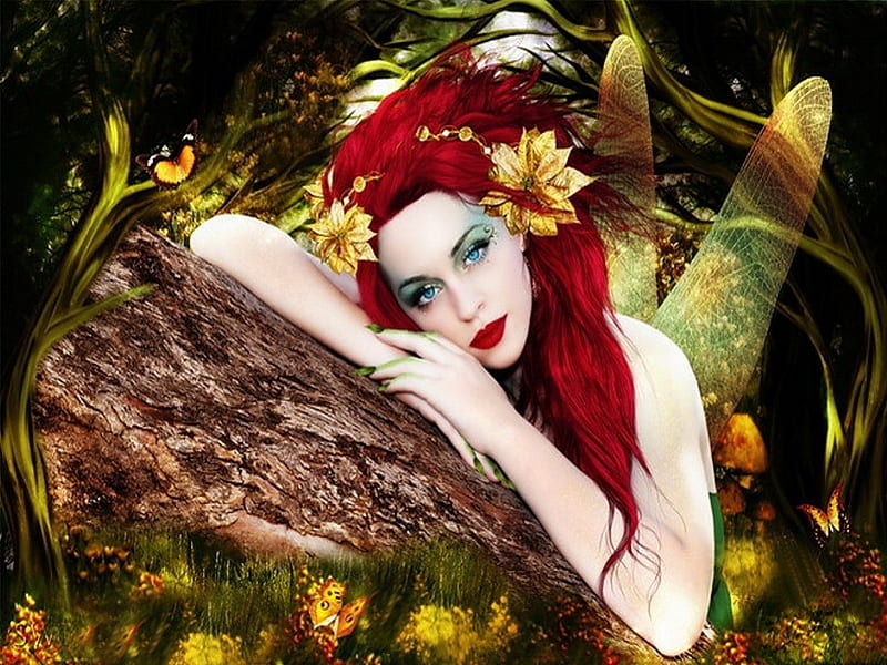 Maid of forest, red, forest, wings, lovely, bonito, wonder, abstract ...