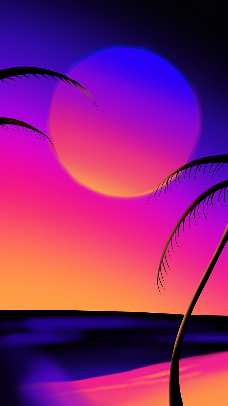 retro sunset beach, pink, purple, retrowave, waves, HD phone wallpaper