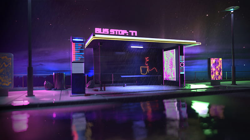Bus Stop Cyberpunk , cyberpunk, artist, artwork, digital-art, artstation, HD wallpaper