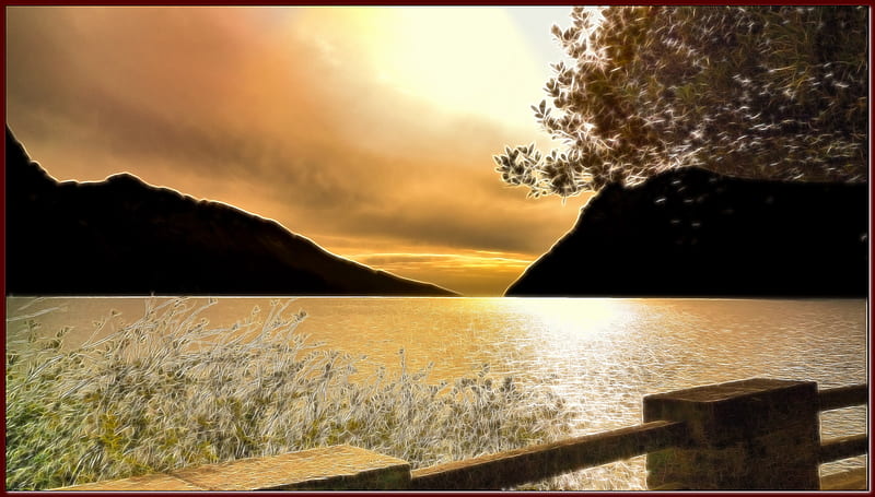 Magic Horizon, gold, horizon, armony, mountains, nature, lago di garda, sky, lake, HD wallpaper