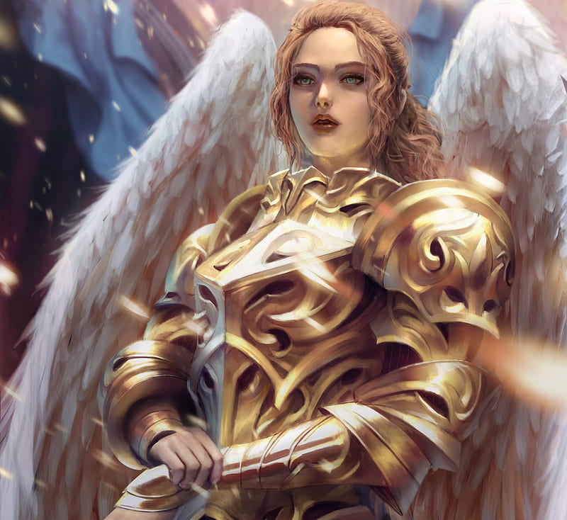 Archangel, pretty, fantasy woman, bonito, woman, sweet, fantasy, gold, beauty, long hair, feathers, female, wings, lovely, angel, golden, blonde hair, abstract, armor, lady, HD wallpaper
