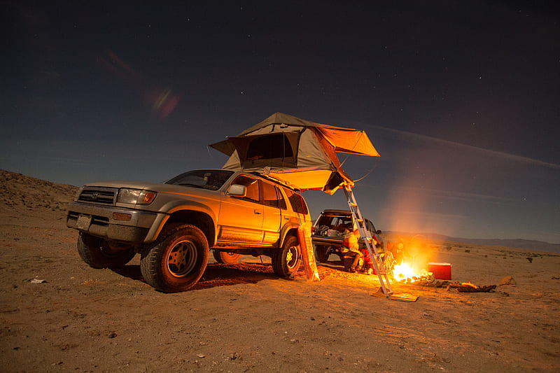 Camping, 4runner, auto, automotive, fire, night, off-road, offroad, toyota, truck, HD wallpaper