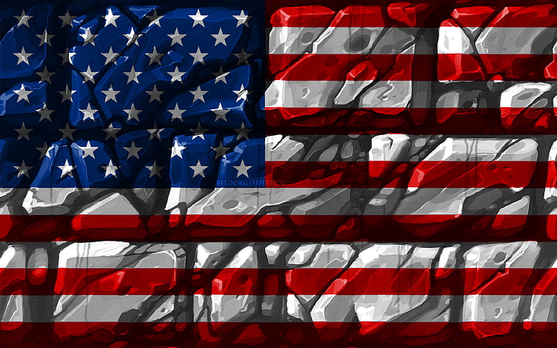 American flag, brickwall North American countries, national symbols, Flag of USA, creative, USA, North America, United States of America flag, US flag, HD wallpaper