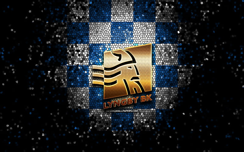 Lyngby FC, glitter logo, Danish Superliga, blue white checkered background, soccer, danish football club, Lyngby logo, mosaic art, football, Lyngby BK, HD wallpaper