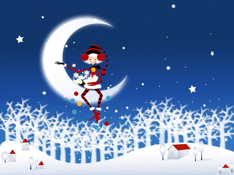 Merry Christmas!, red, house, christmas, tree, moon, girl, white, blue ...