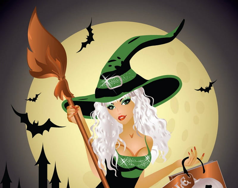 Witch Moon Bats Halloween Broom Vector Hd Wallpaper Peakpx