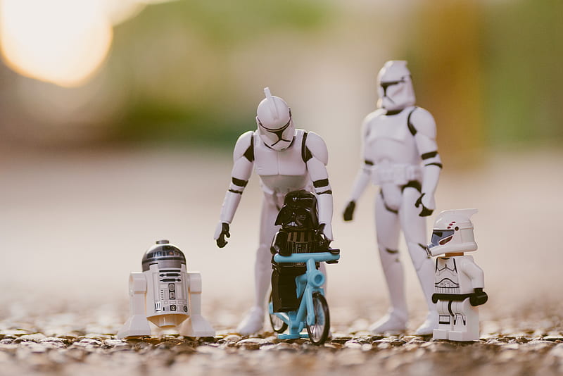 selective focus graphy of Star Wars Stormtropper, R2-D2, and Darth Vader toys, HD wallpaper