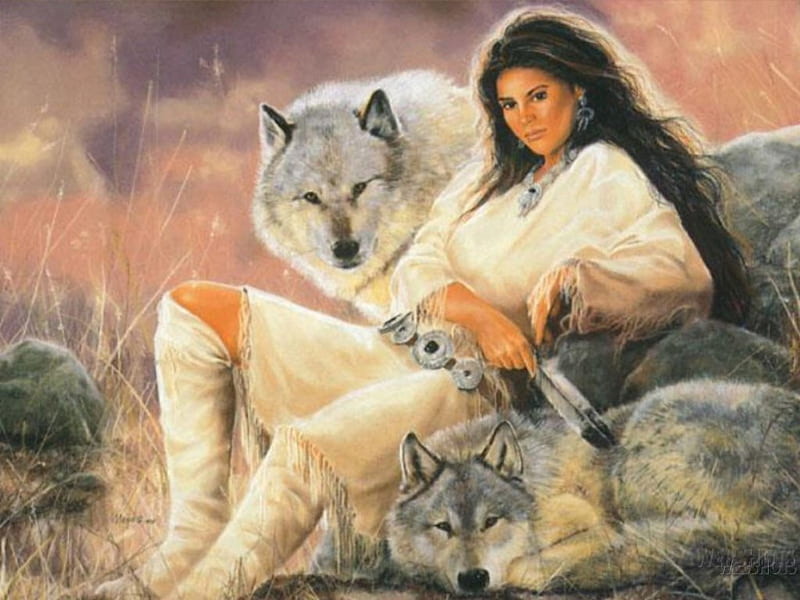 Wolf Companions, art, painting, Native American, Wolf, women, HD wallpaper
