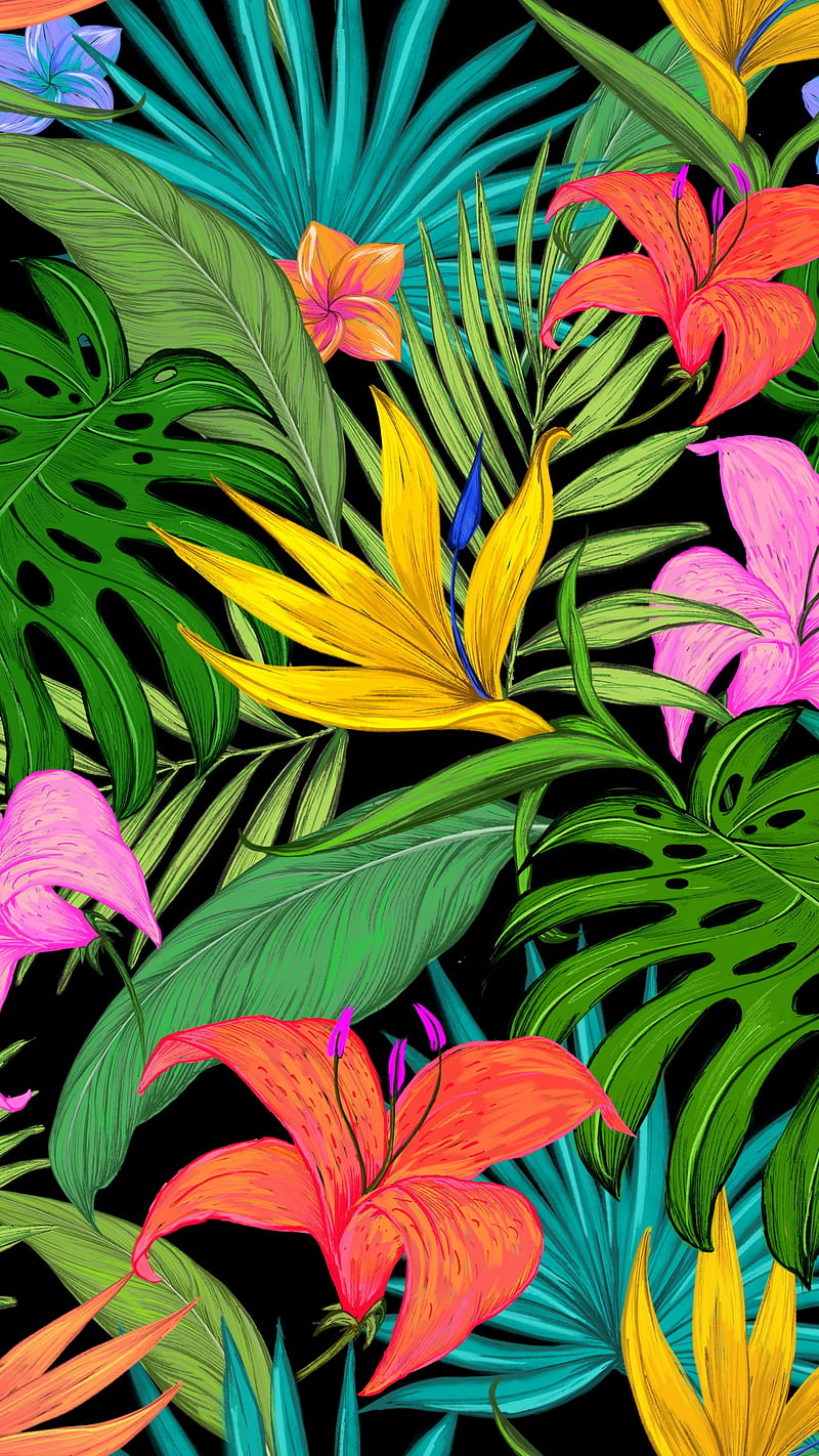 Tropical Flowers, colored, palm leaves, lilies, leaves, pattern,  lockscreen, HD phone wallpaper | Peakpx